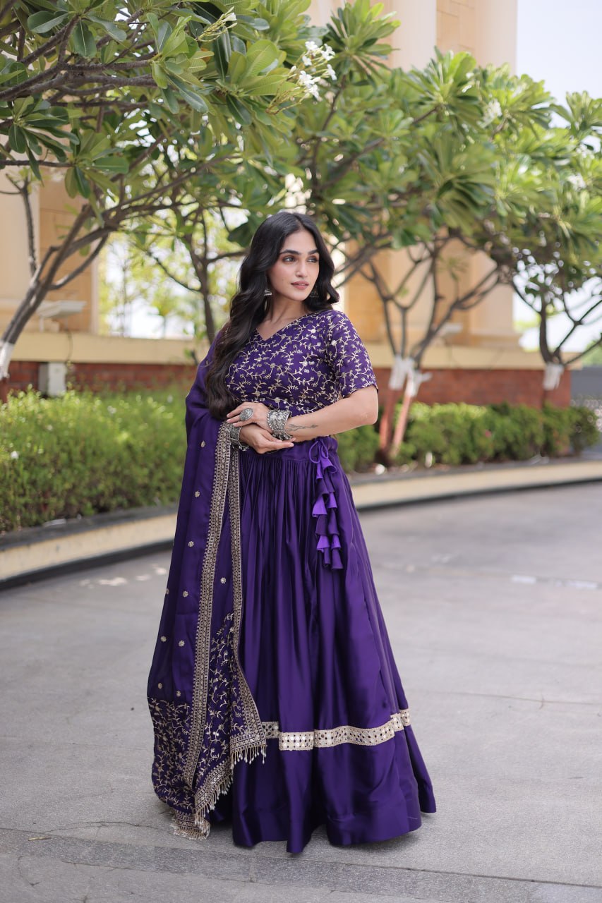 Purple Glory Satin Embroidered Lehenga Choli Set