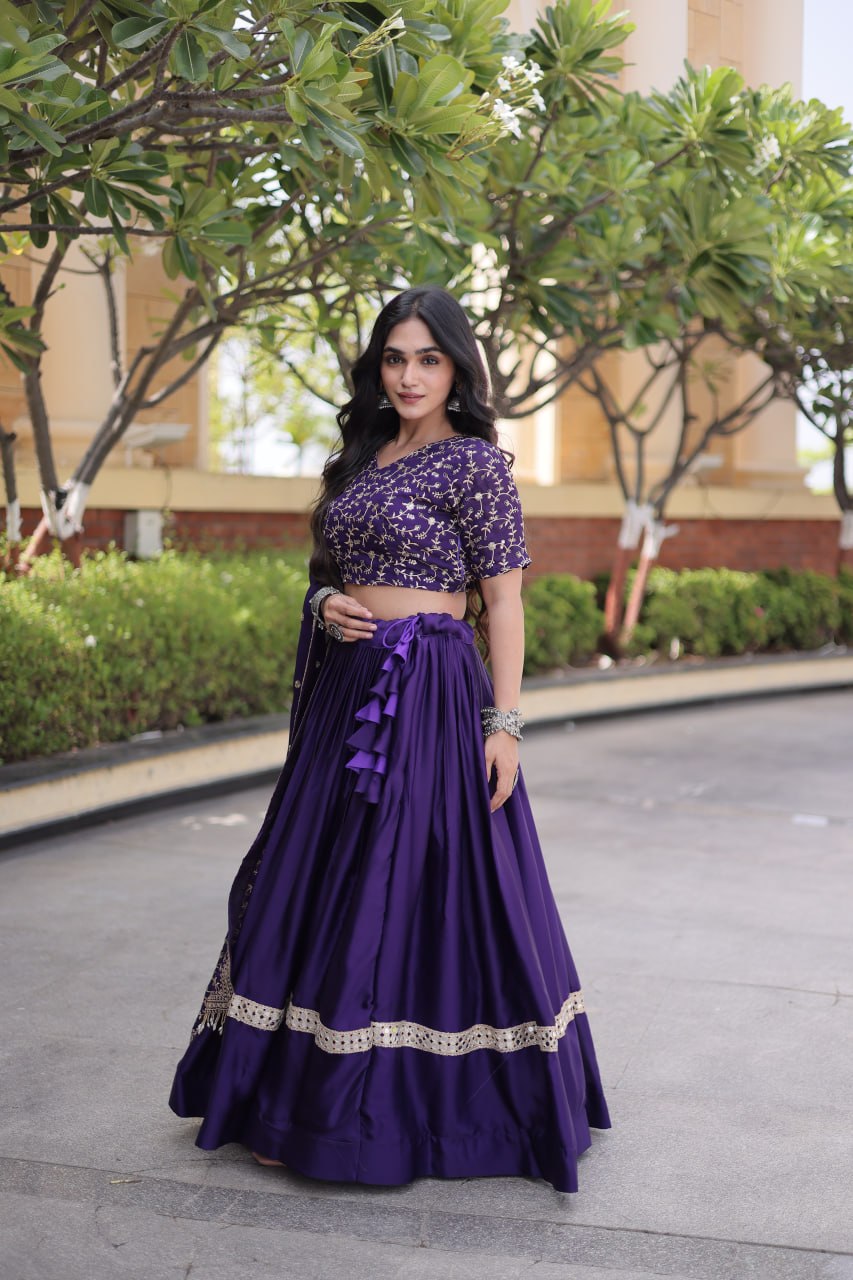 Purple Glory Satin Embroidered Lehenga Choli Set