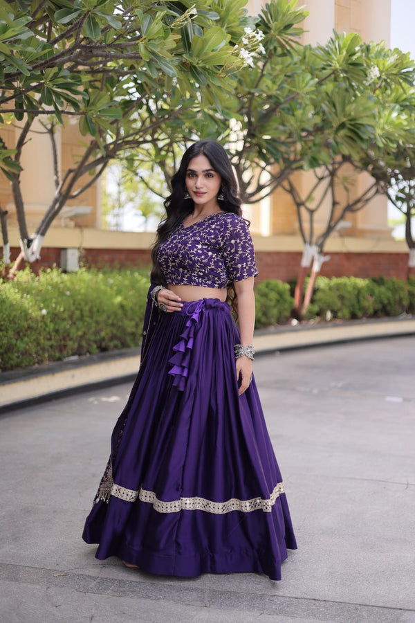 Purple Glory Satin Embroidered Lehenga Choli Set