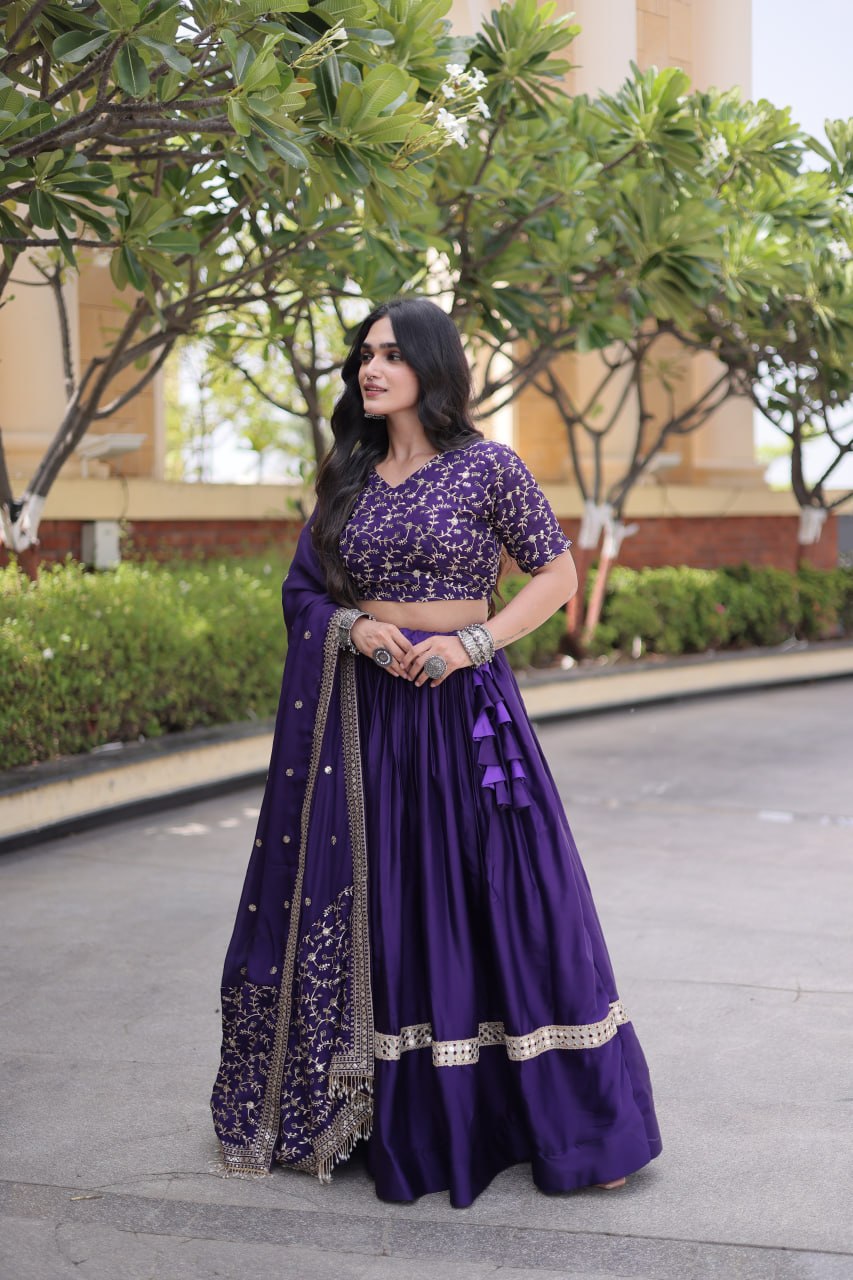 Purple Glory Satin Embroidered Lehenga Choli Set
