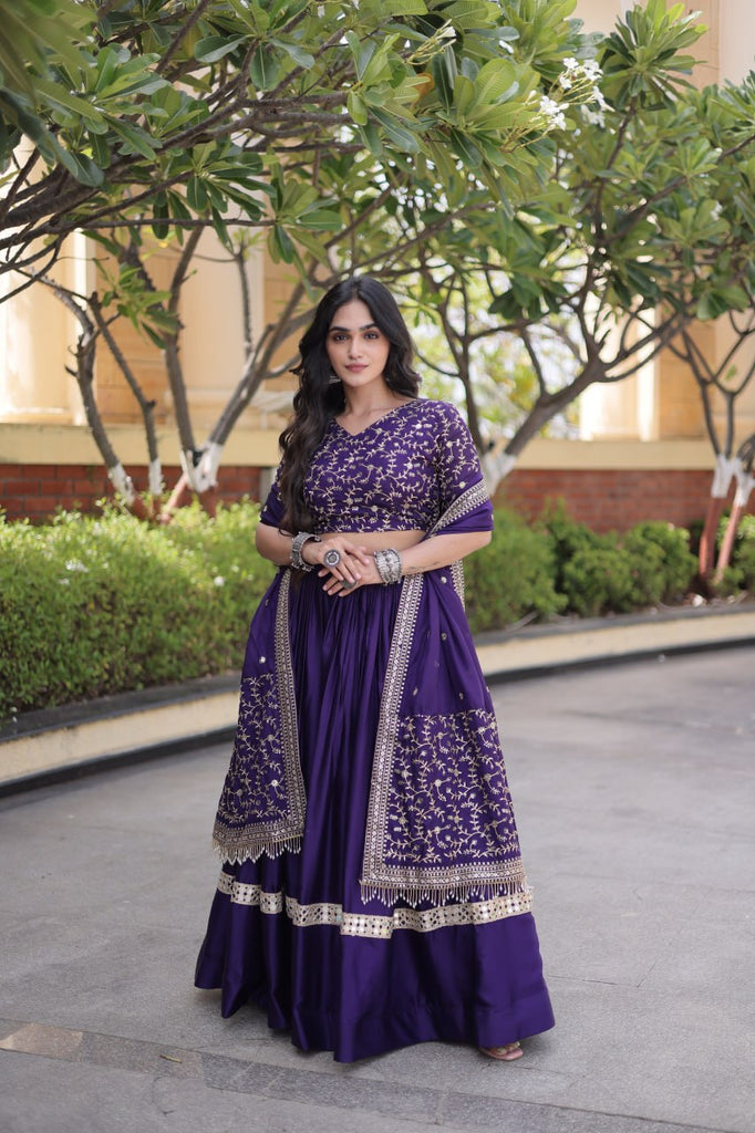 Purple Glory Satin Embroidered Lehenga Choli Set