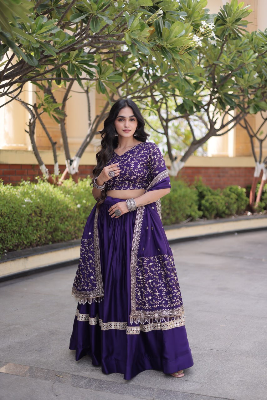 Purple Glory Satin Embroidered Lehenga Choli Set