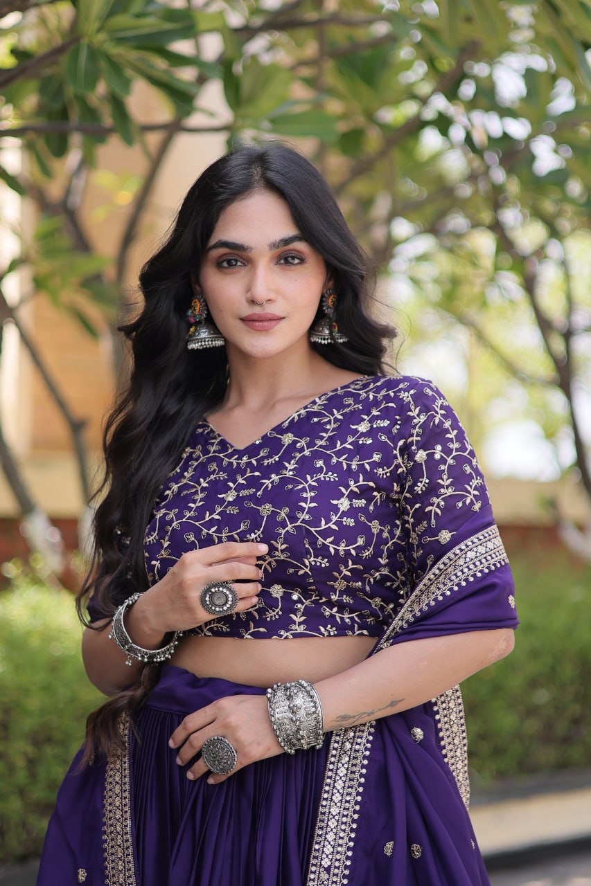 Purple Glory Satin Embroidered Lehenga Choli Set