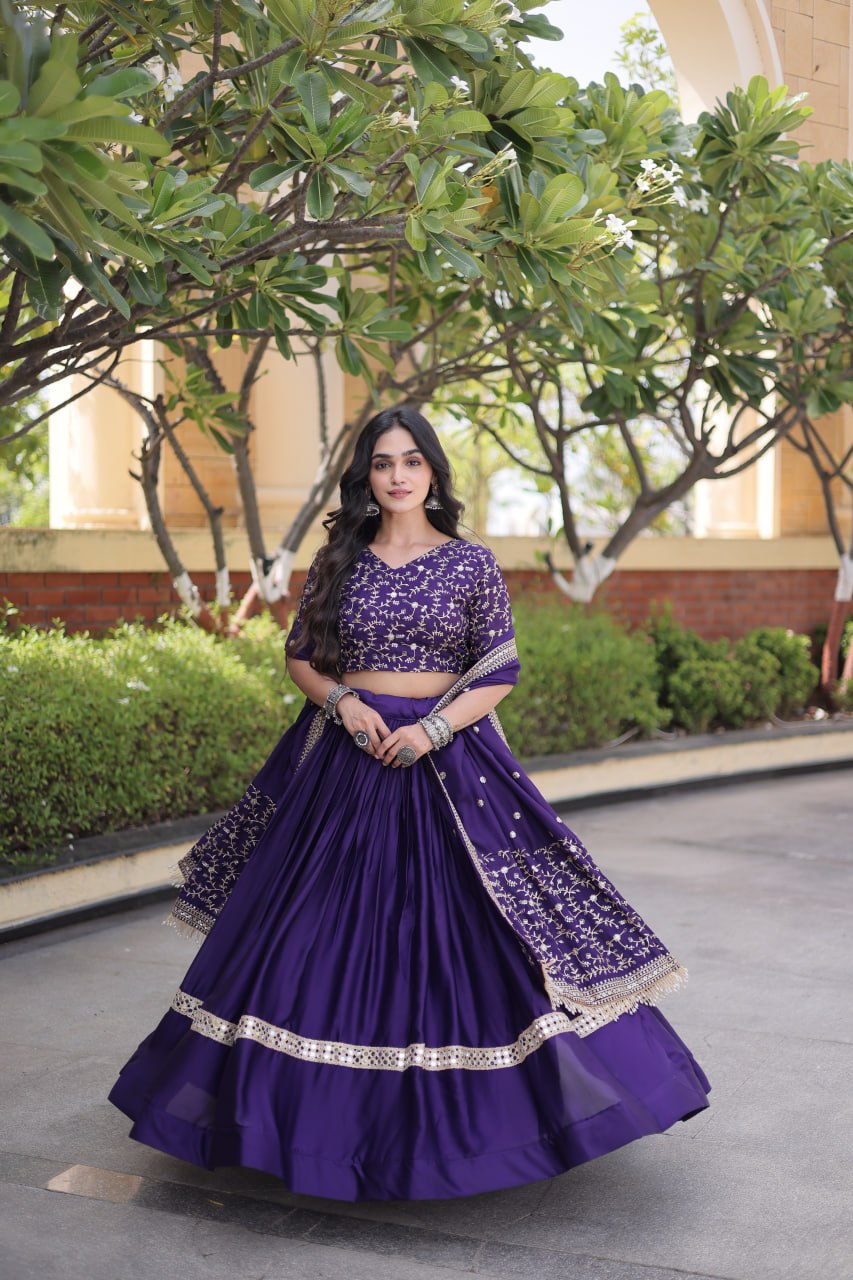 Purple Glory Satin Embroidered Lehenga Choli Set