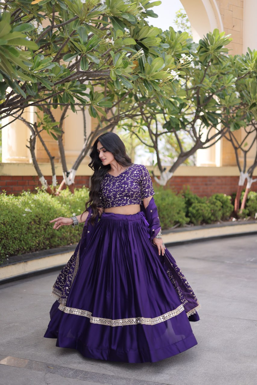 Purple Glory Satin Embroidered Lehenga Choli Set