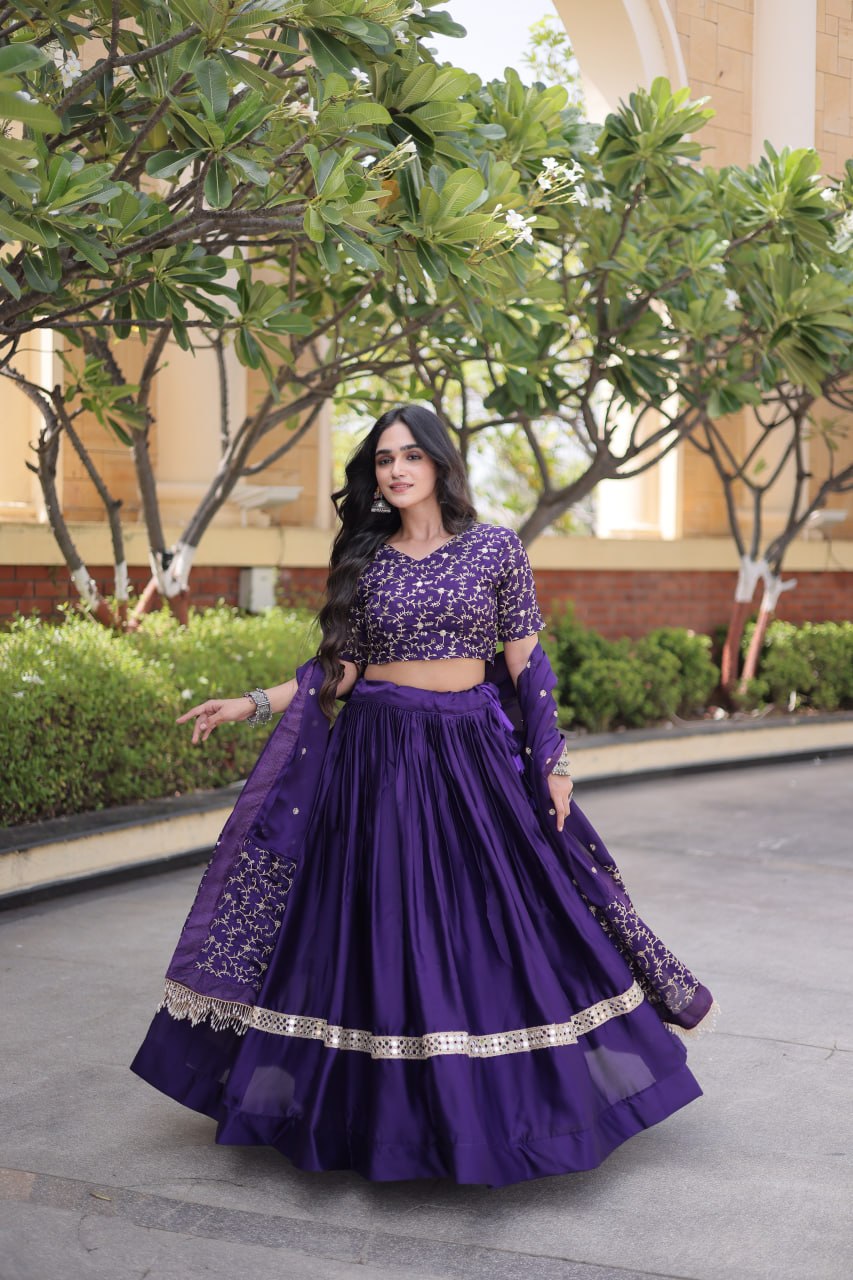 Purple Glory Satin Embroidered Lehenga Choli Set