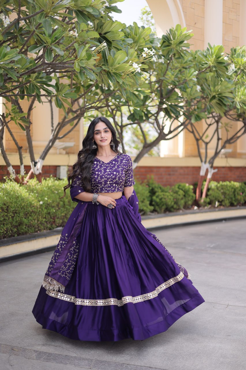 Purple Glory Satin Embroidered Lehenga Choli Set