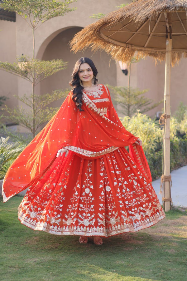 Orange Zari Embroidered Georgette Gown with Dupatta
