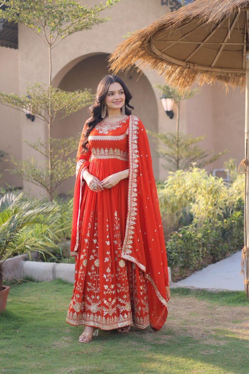 Orange Zari Embroidered Georgette Gown with Dupatta