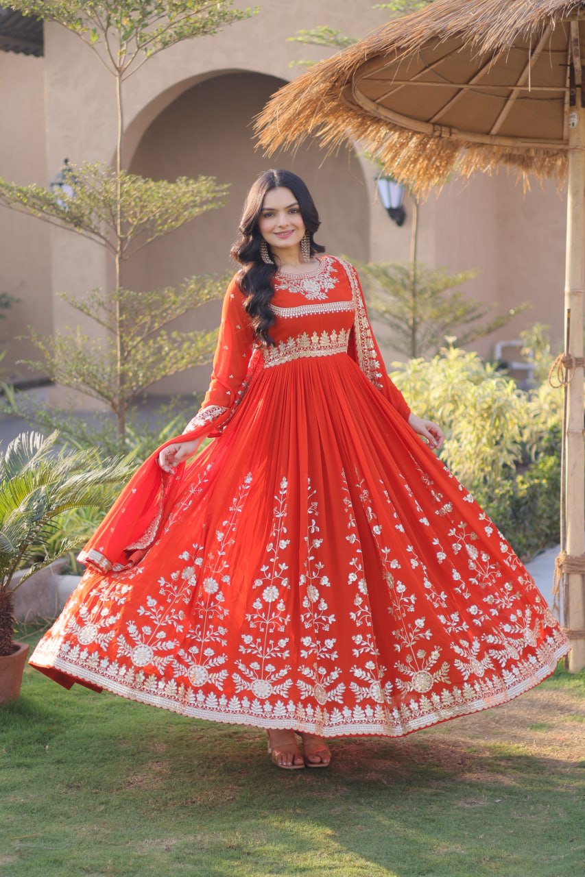 Orange Zari Embroidered Georgette Gown with Dupatta