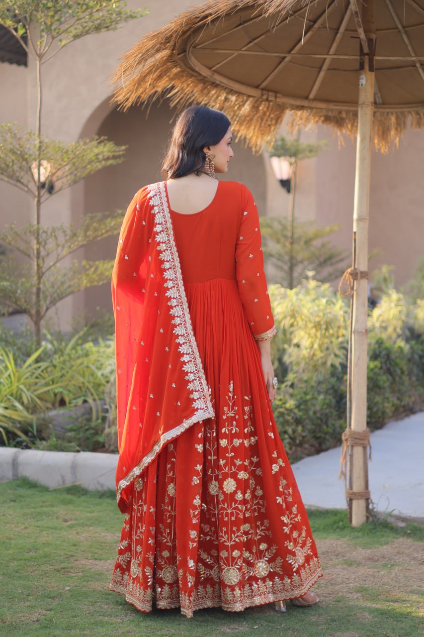 Orange Zari Embroidered Georgette Gown with Dupatta