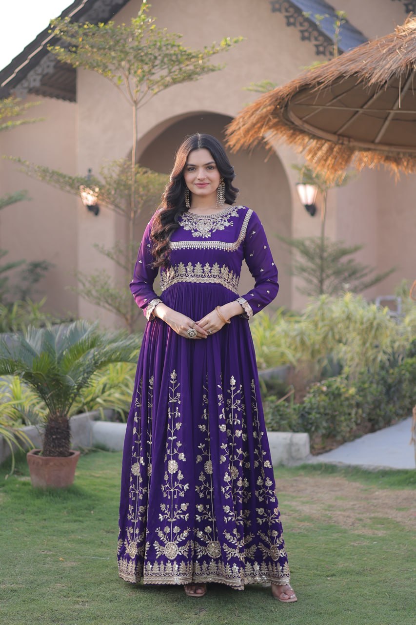 Dark Purple Zari Embroidered Georgette Gown with Dupatta