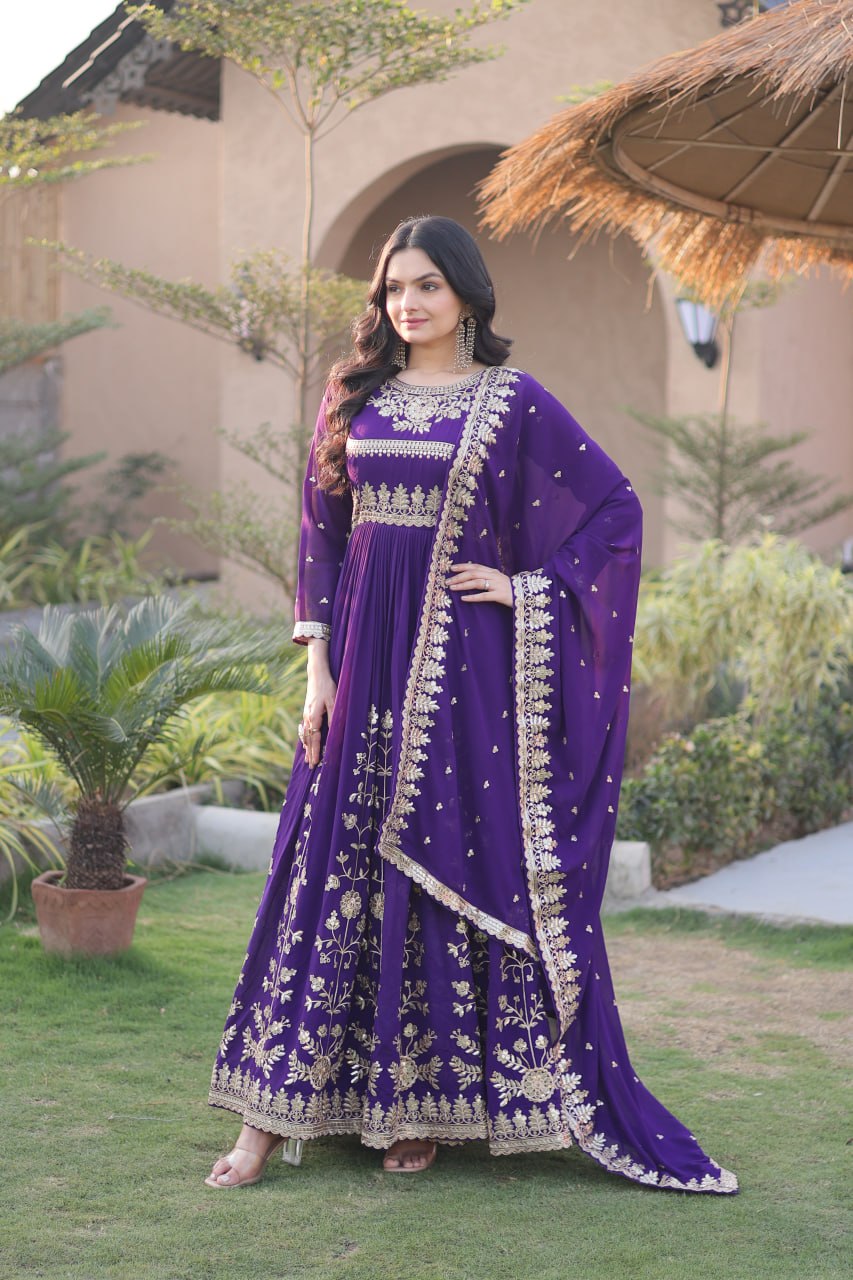 Dark Purple Zari Embroidered Georgette Gown with Dupatta