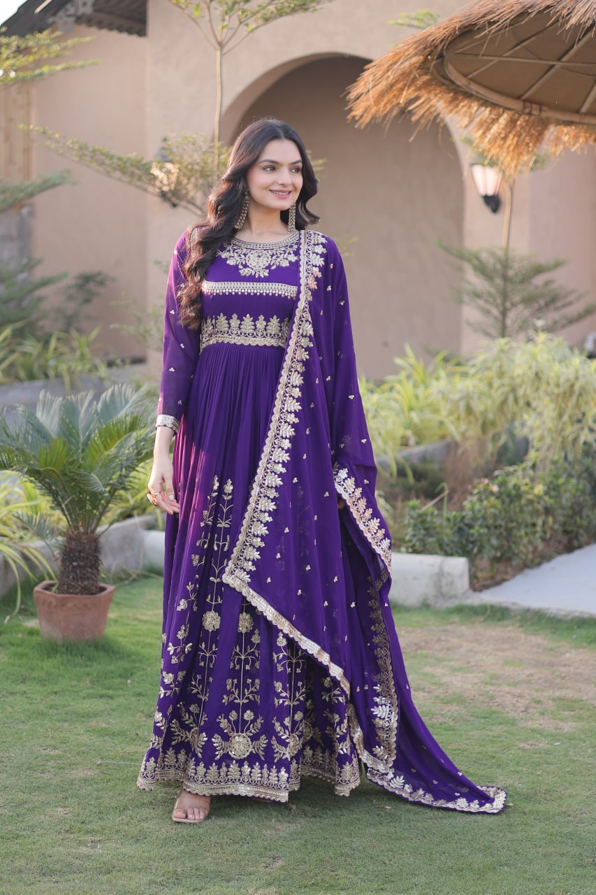 Dark Purple Zari Embroidered Georgette Gown with Dupatta