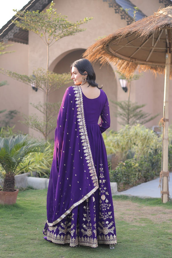 Dark Purple Zari Embroidered Georgette Gown with Dupatta