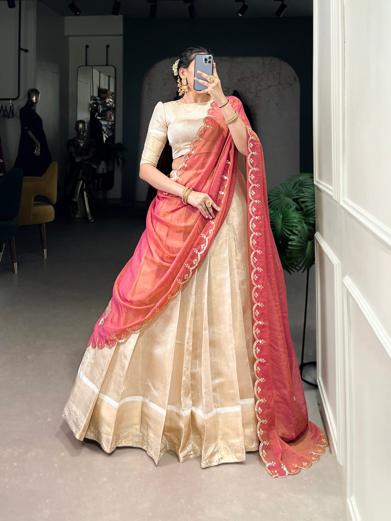 Ivory Jacquard Onam Lehenga Choli Set with Coral Pink Dupatta