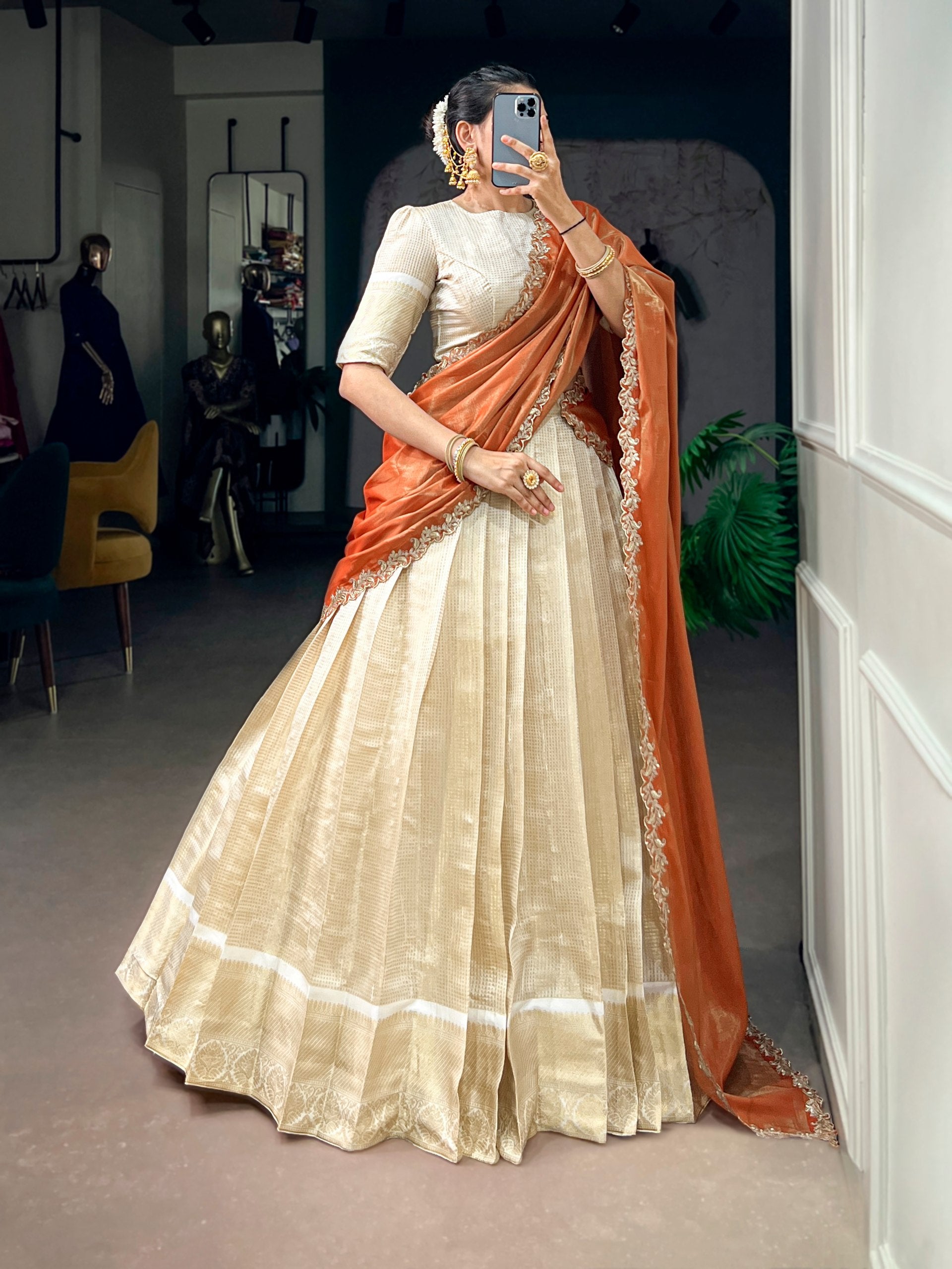 Ivory Jacquard Onam Lehenga Choli Set with Coral Rust Dupatta