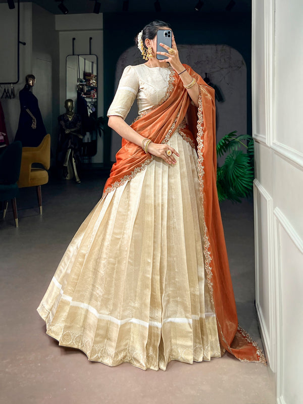 Ivory Jacquard Onam Lehenga Choli Set with Coral Rust Dupatta