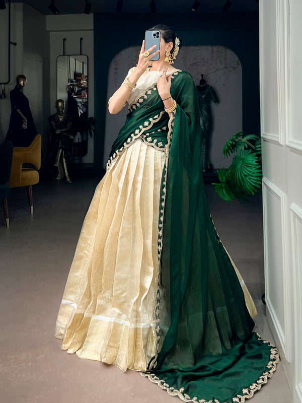 Ivory Jacquard Onam Lehenga Choli Set with Coral Dark Green Dupatta