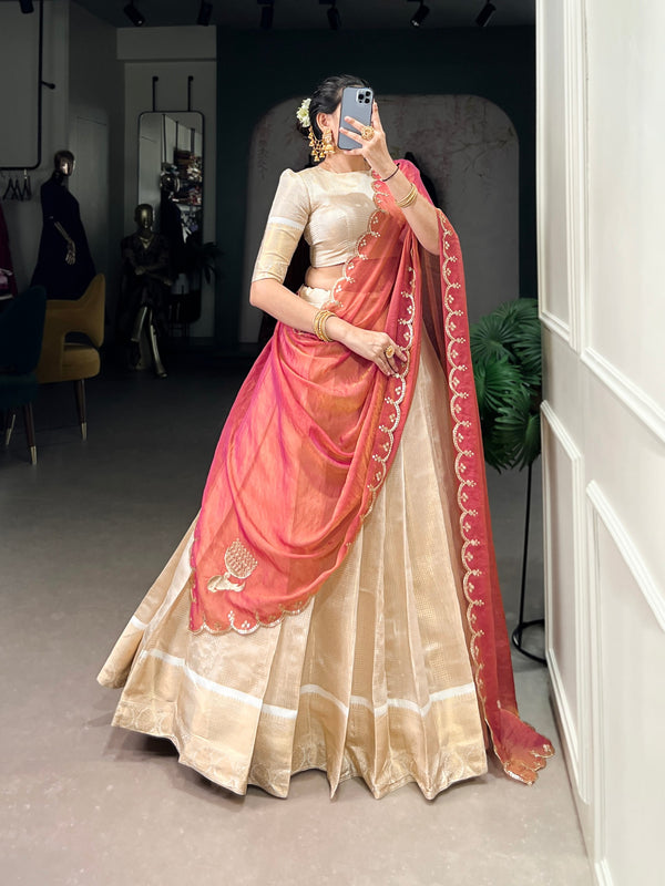 Ivory Jacquard Onam Lehenga Choli Set with Coral Pink Dupatta