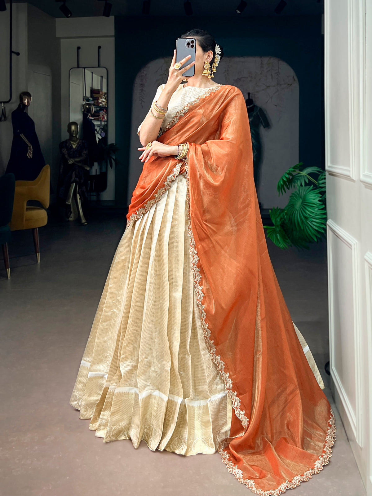 Ivory Jacquard Onam Lehenga Choli Set with Coral Rust Dupatta