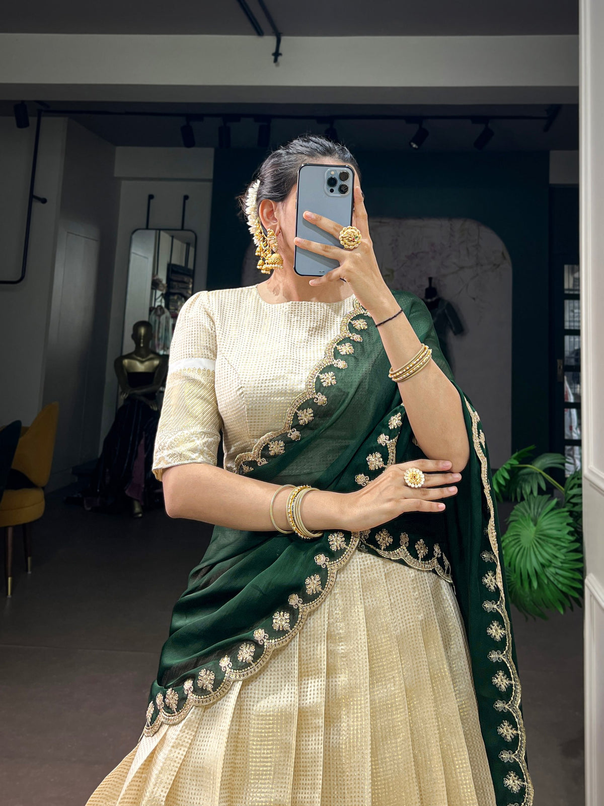 Ivory Jacquard Onam Lehenga Choli Set with Coral Dark Green Dupatta
