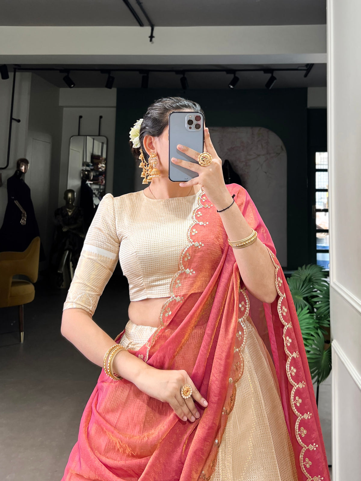 Ivory Jacquard Onam Lehenga Choli Set with Coral Pink Dupatta