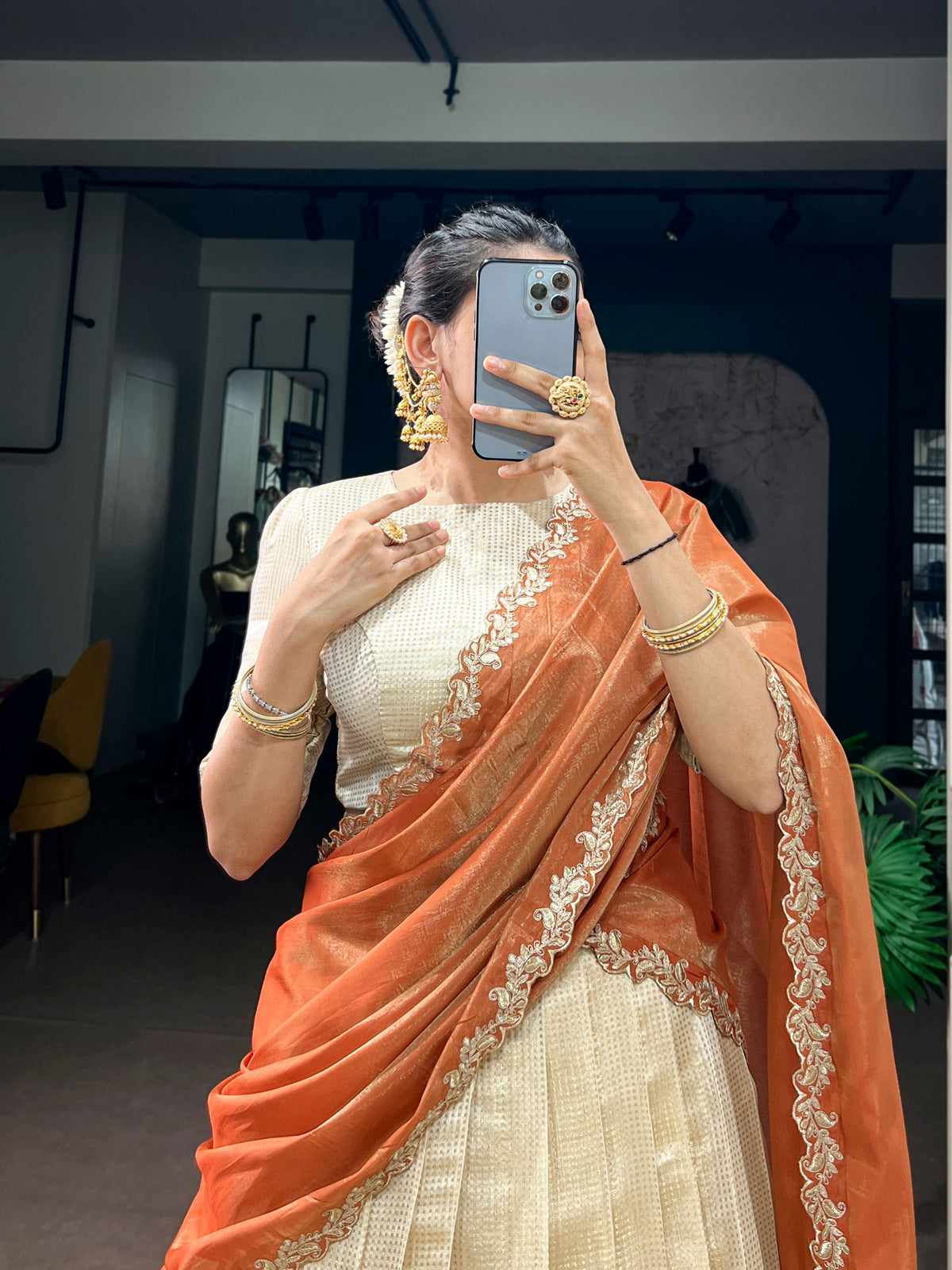 Ivory Jacquard Onam Lehenga Choli Set with Coral Rust Dupatta