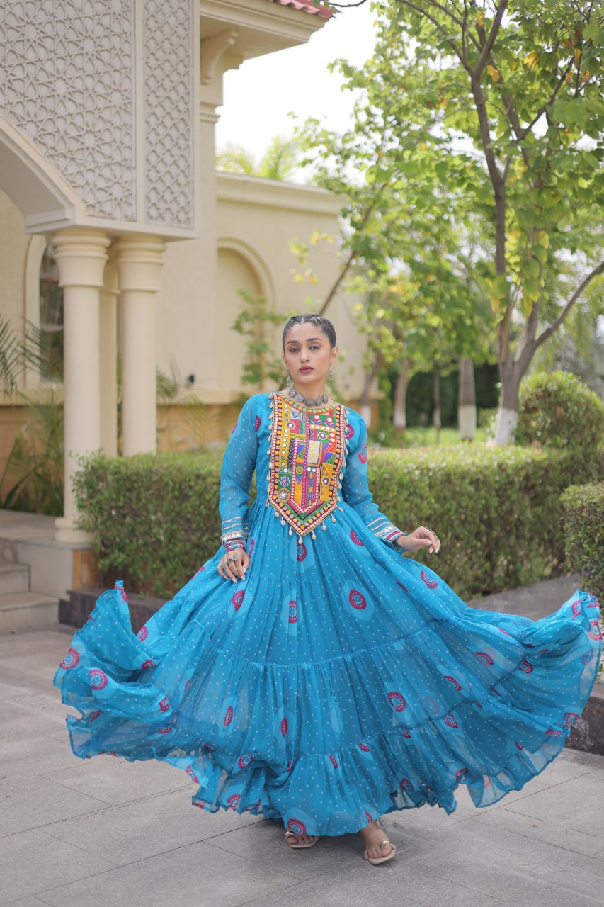 Blue Bandhani Print Kutchi Work Navratri Gown