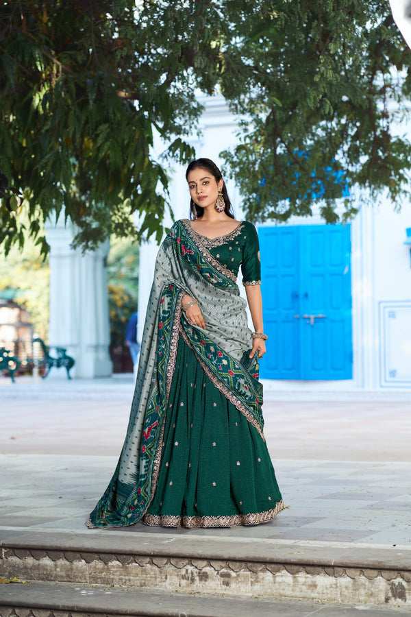Battle Green Embroidered Vichitra Silk Lehenga Choli Set with Ikkat Dupatta
