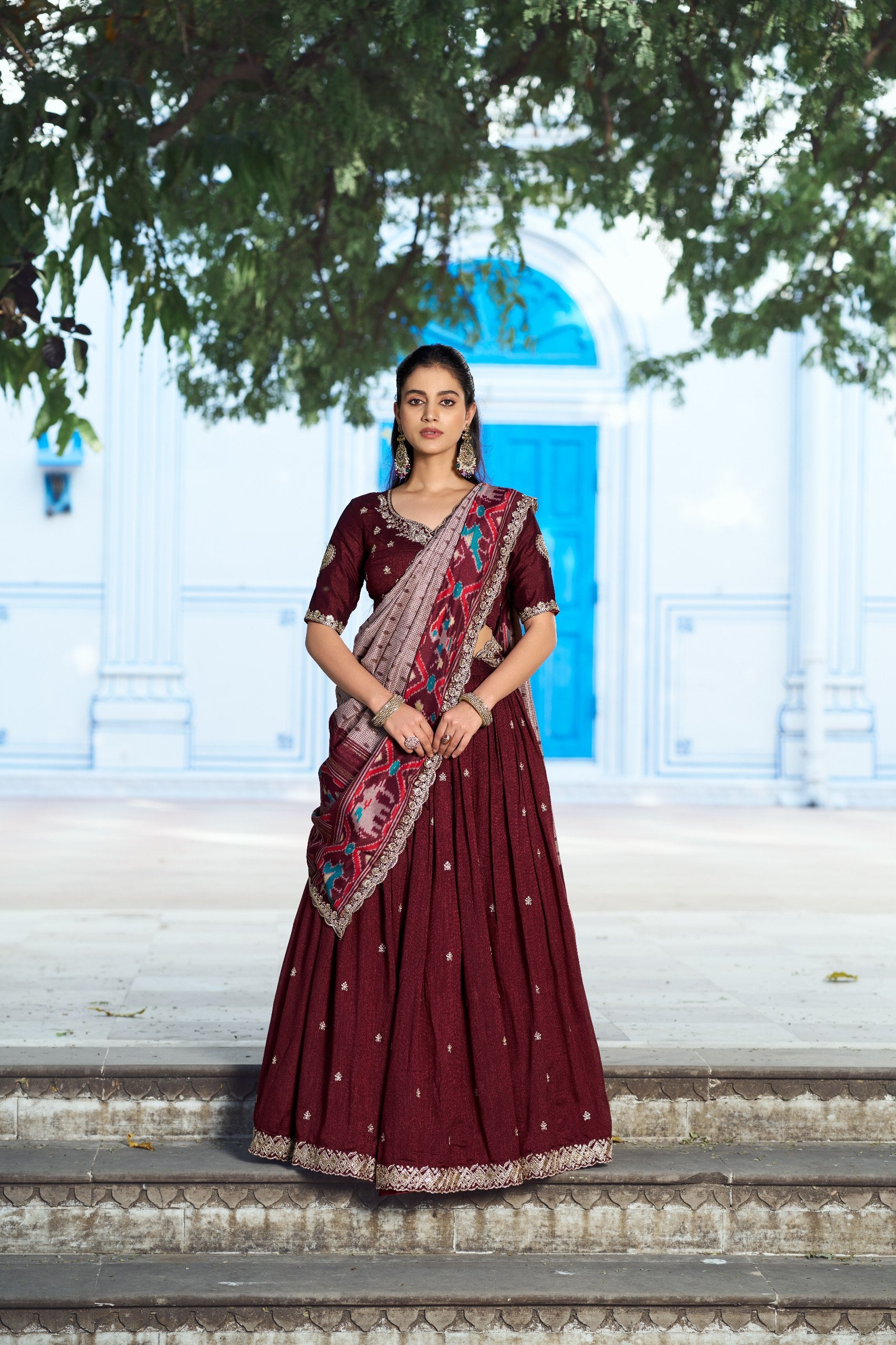 Maroon Embroidered Vichitra Silk Lehenga Choli Set with Ikkat Dupatta