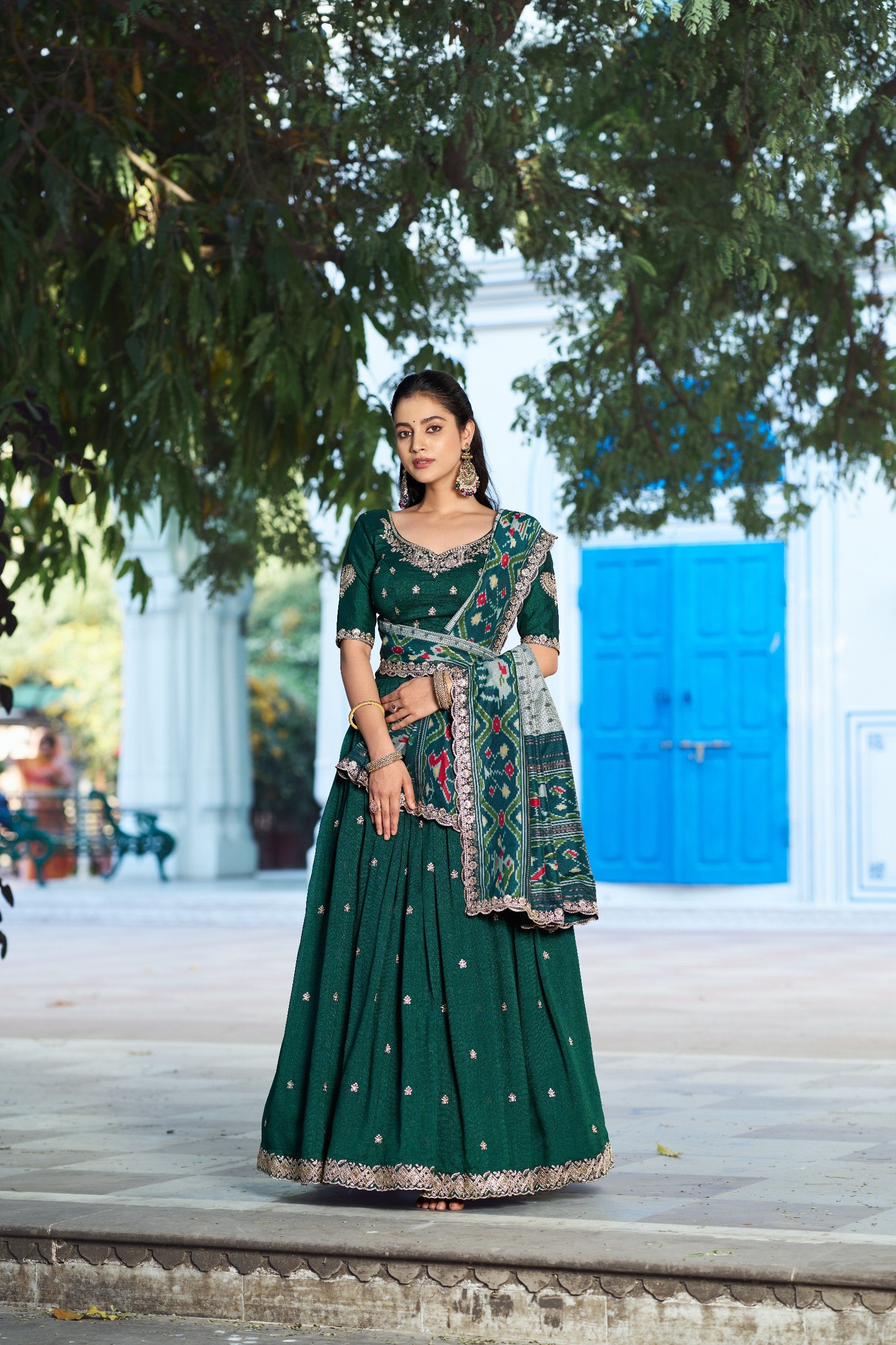 Battle Green Embroidered Vichitra Silk Lehenga Choli Set with Ikkat Dupatta