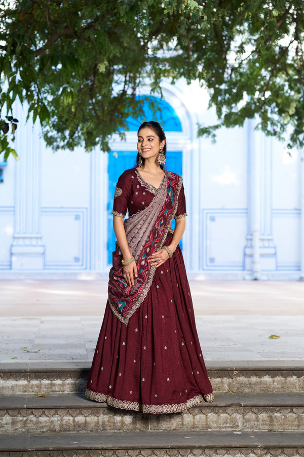 Maroon Embroidered Vichitra Silk Lehenga Choli Set with Ikkat Dupatta