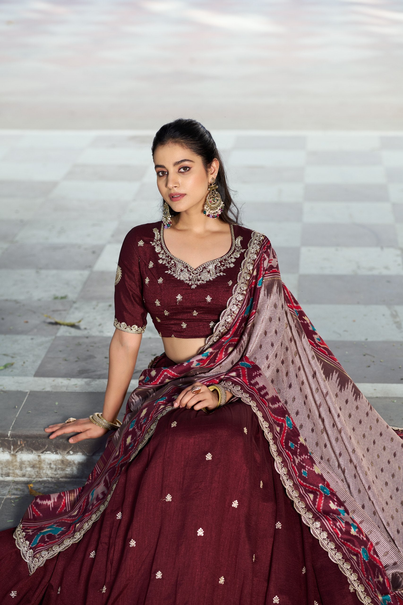 Maroon Embroidered Vichitra Silk Lehenga Choli Set with Ikkat Dupatta