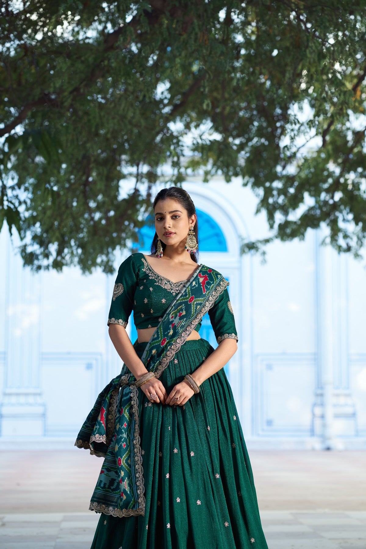 Battle Green Embroidered Vichitra Silk Lehenga Choli Set with Ikkat Dupatta