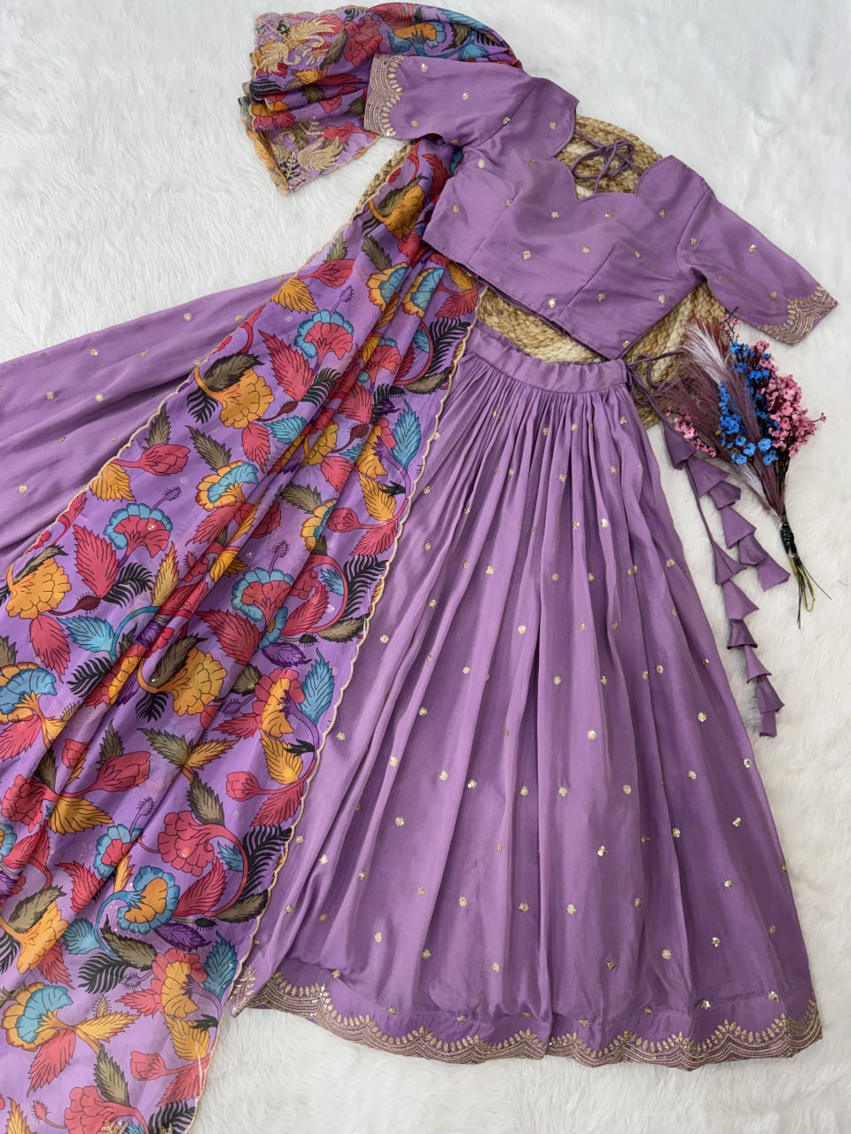 Lavender Cosmos Silk Embroidered Lehenga Choli Set