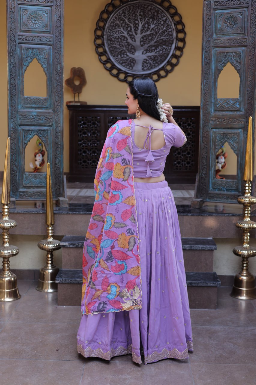 Lavender Cosmos Silk Embroidered Lehenga Choli Set