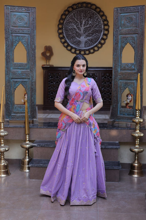 Lavender Cosmos Silk Embroidered Lehenga Choli Set
