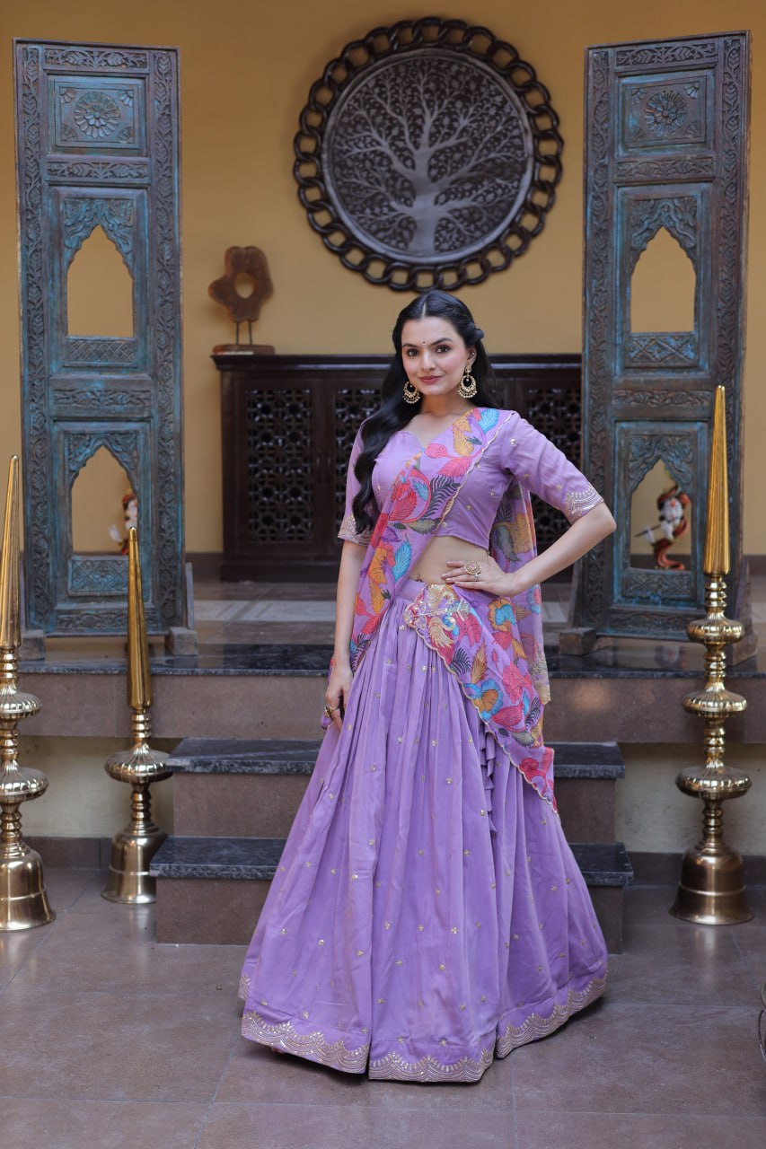 Lavender Cosmos Silk Embroidered Lehenga Choli Set