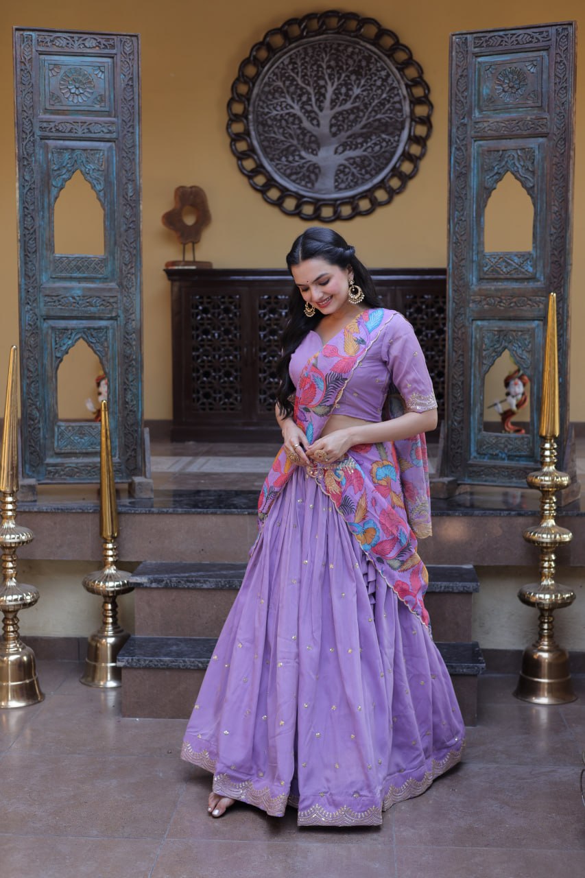 Lavender Cosmos Silk Embroidered Lehenga Choli Set