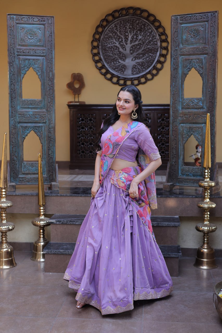 Lavender Cosmos Silk Embroidered Lehenga Choli Set