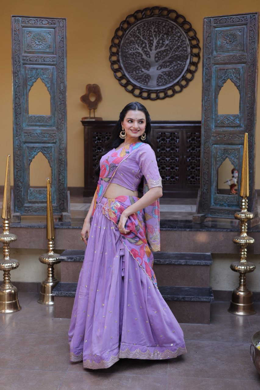 Lavender Cosmos Silk Embroidered Lehenga Choli Set