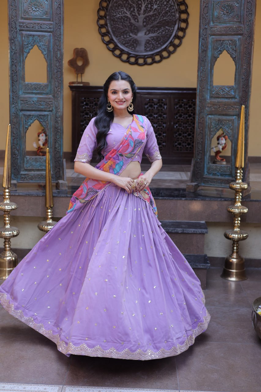 Lavender Cosmos Silk Embroidered Lehenga Choli Set