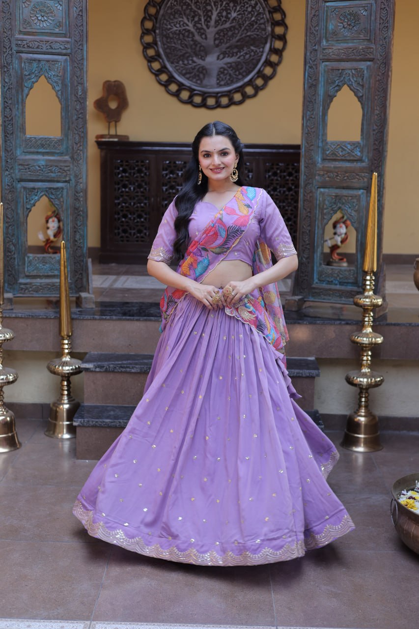 Lavender Cosmos Silk Embroidered Lehenga Choli Set