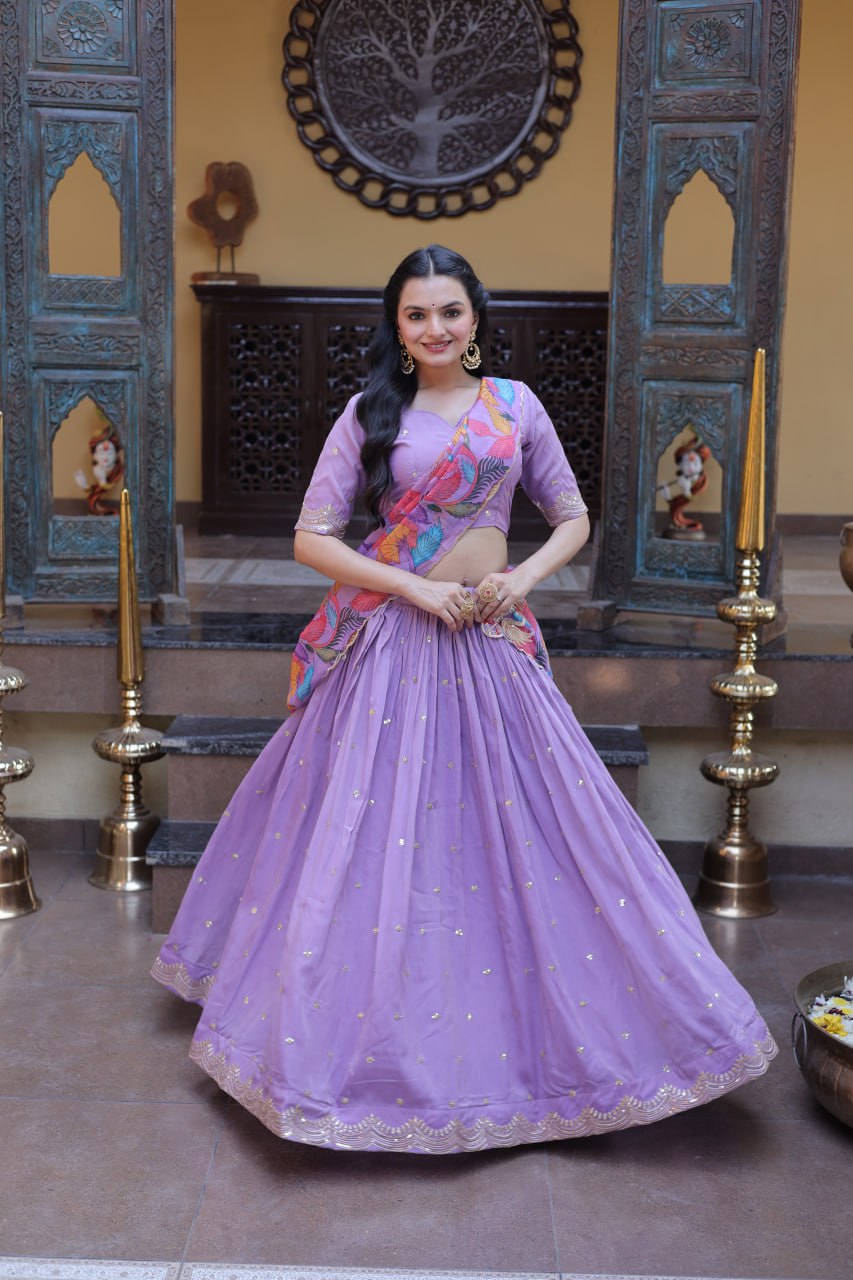 Lavender Cosmos Silk Embroidered Lehenga Choli Set