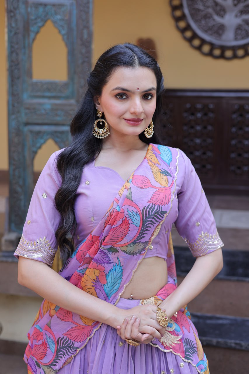 Lavender Cosmos Silk Embroidered Lehenga Choli Set