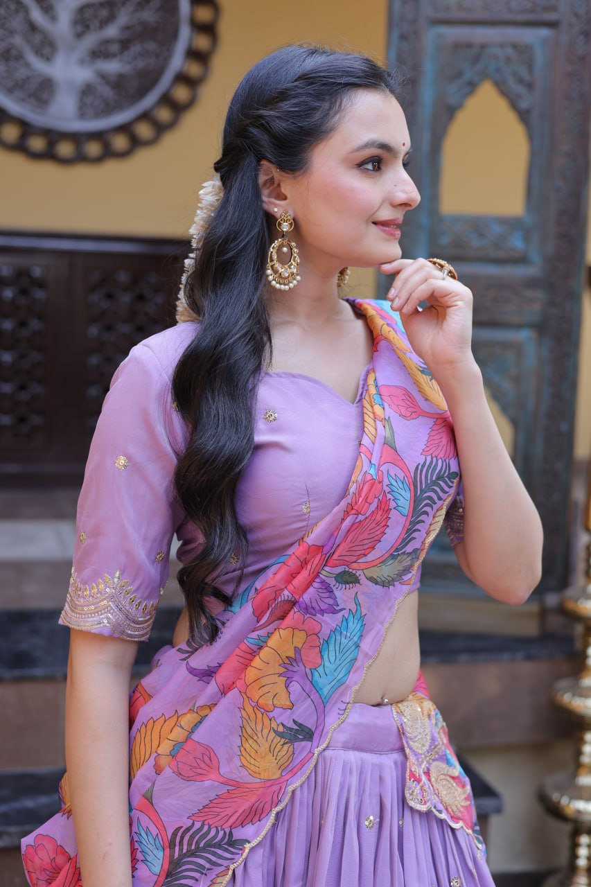 Lavender Cosmos Silk Embroidered Lehenga Choli Set