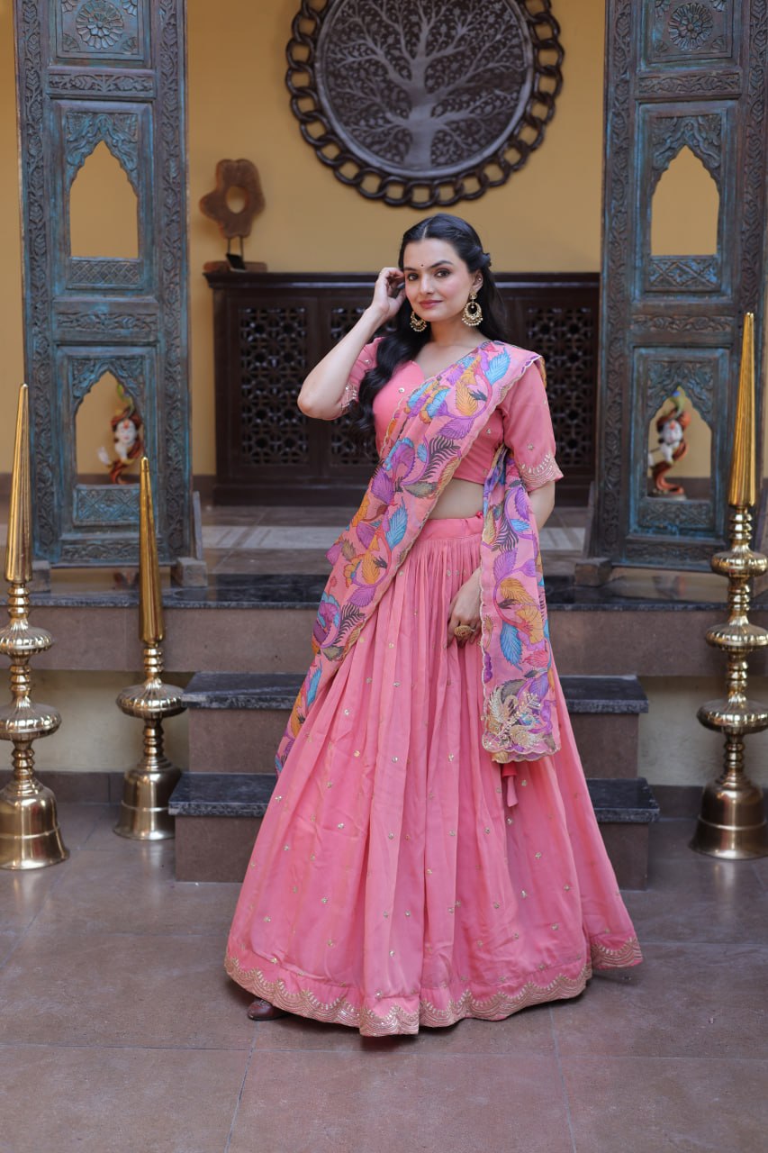 Pink Cosmos Silk Embroidered Lehenga Choli Set