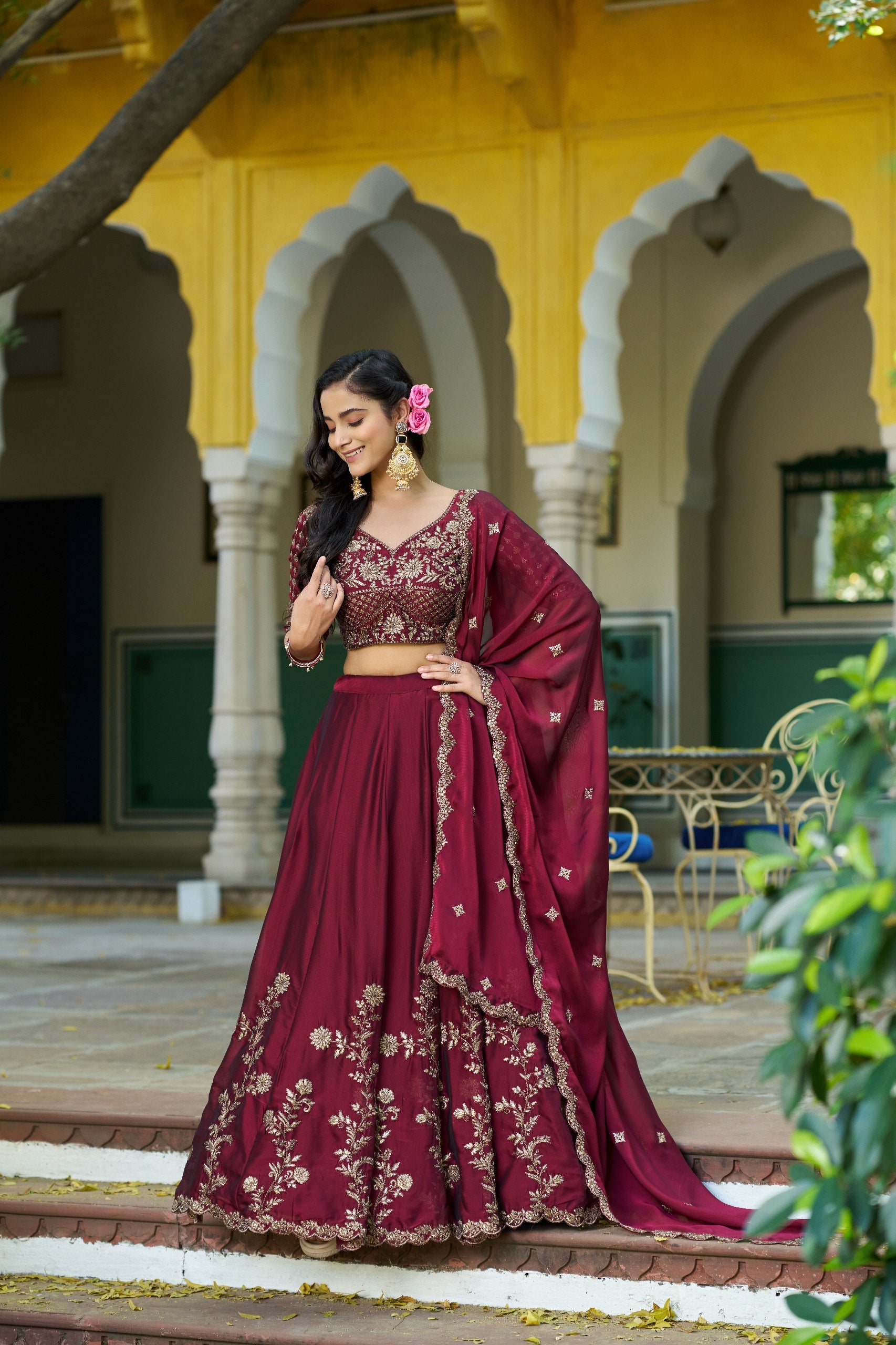 Wine Floral Embroidered Rangoli Silk Lehenga Choli Set with Matching Dupatta