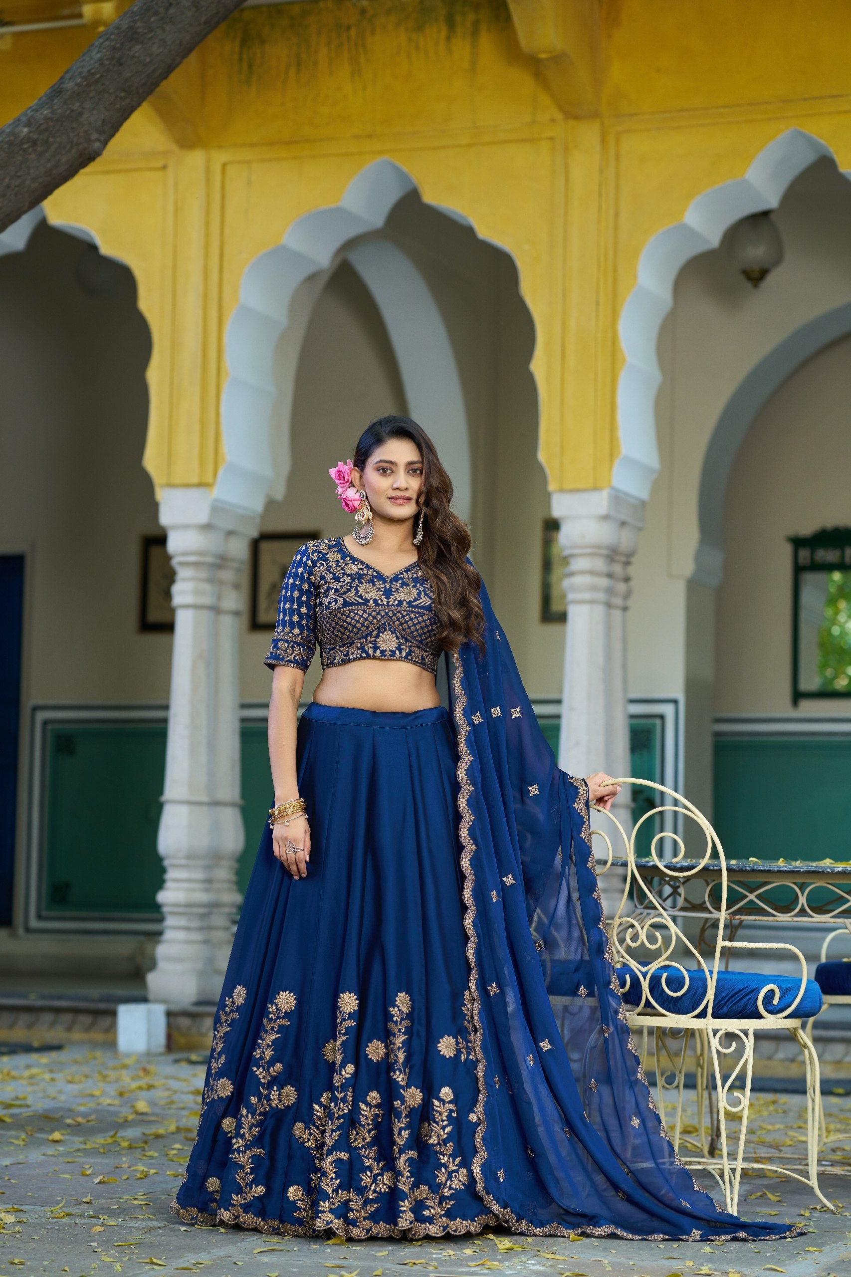 Blue Floral Embroidered Rangoli Silk Lehenga Choli Set with Matching Dupatta